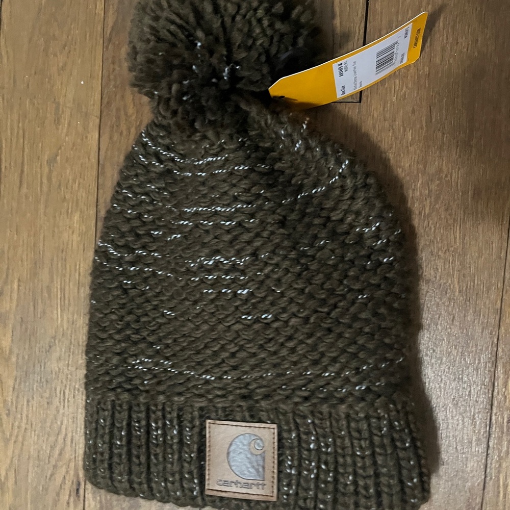 Carhartt Brown Rib Knit Beanie with Pom